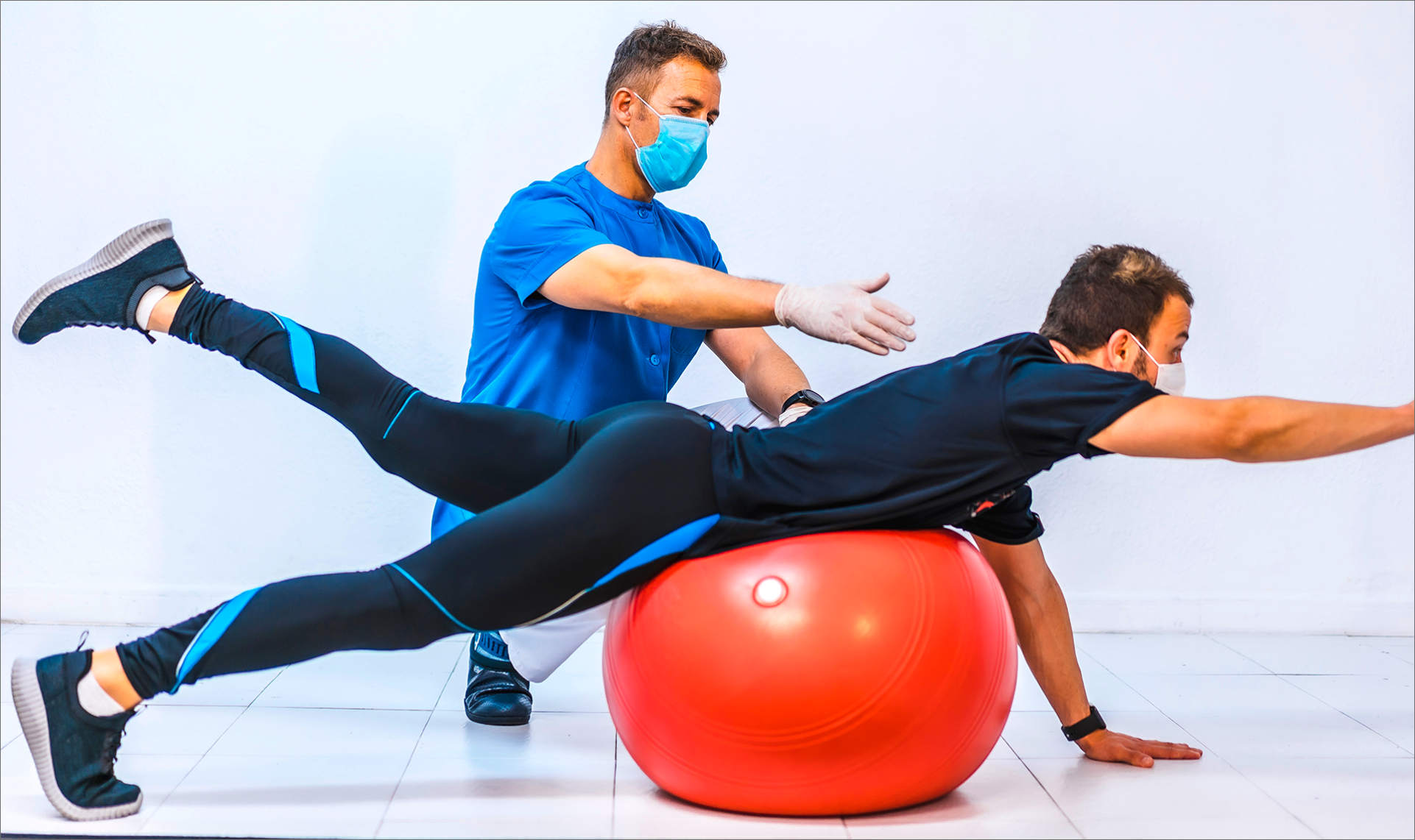 Physiotherapist guiding exercise therapy on stability ball for posture correction.