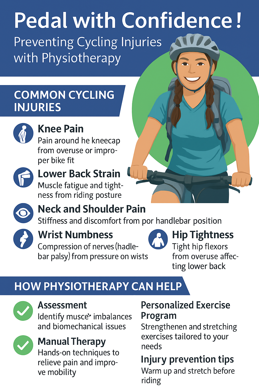 Cycling injury prevention infographic with physiotherapy tips from Caring Hands Physiotherapy Calgary