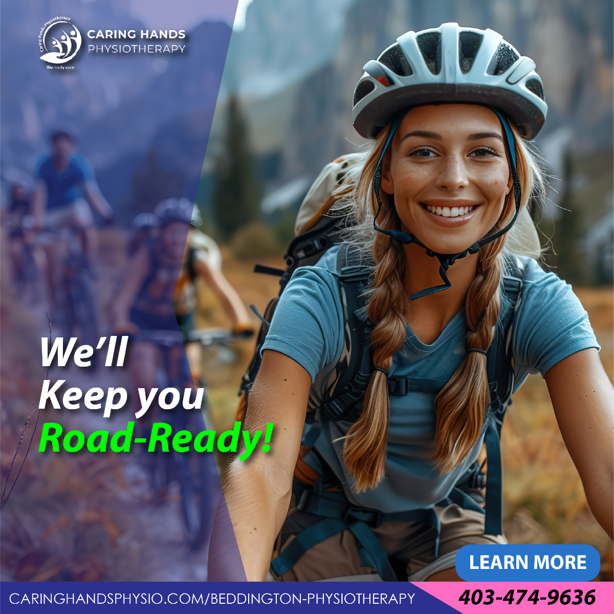 Caring Hands Physiotherapy cycling injury prevention promo featuring happy female cyclist.