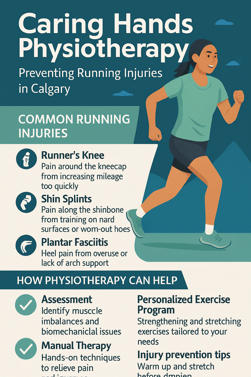 Infographic by Caring Hands Physiotherapy Calgary showing common running injuries such as runner’s knee, shin splints, and plantar fasciitis, with tips on how physiotherapy helps prevent and treat these conditions.
